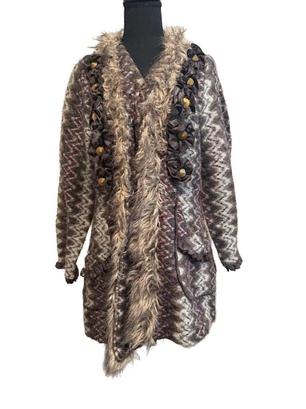 VTG Y2k Roz & Ali Faux Fur Trim Zigzag Knit Cardigan Sweater Jacket with Ruffles - Picture 2 of 13